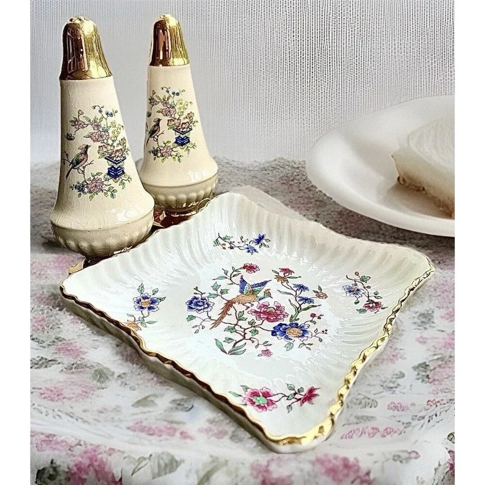 Vintage Hammersley Spode Bird Of Paradise Shakers & Tray Set Chintz Bone China